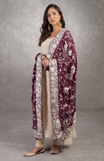 Wine Parsi Gara Hand Embroidered Dupatta With Chikankari Anarkali
