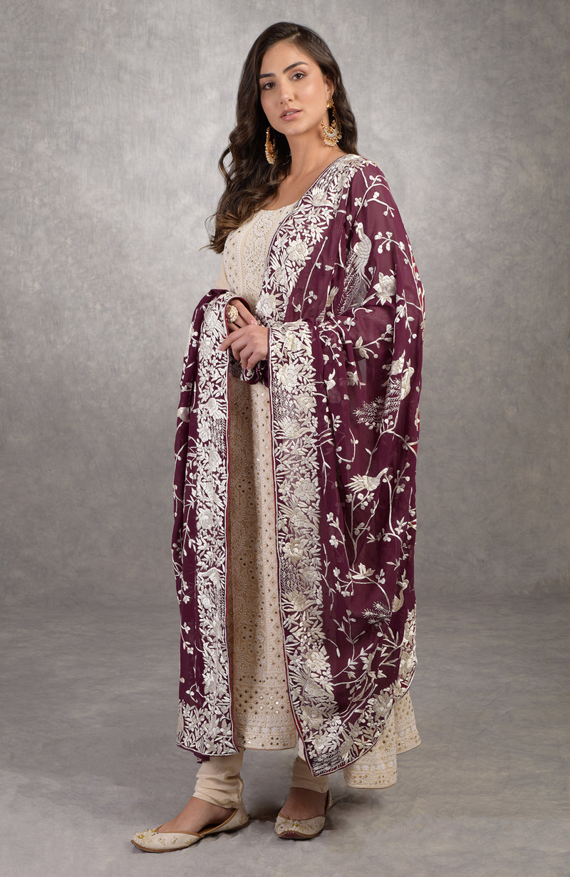 Wine Parsi Gara Hand Embroidered Dupatta With Chikankari Anarkali