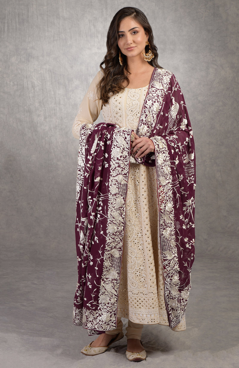 Wine Parsi Gara Hand Embroidered Dupatta With Chikankari Anarkali