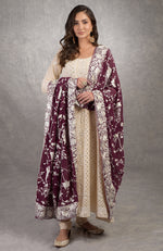 Wine Parsi Gara Hand Embroidered Dupatta With Chikankari Anarkali
