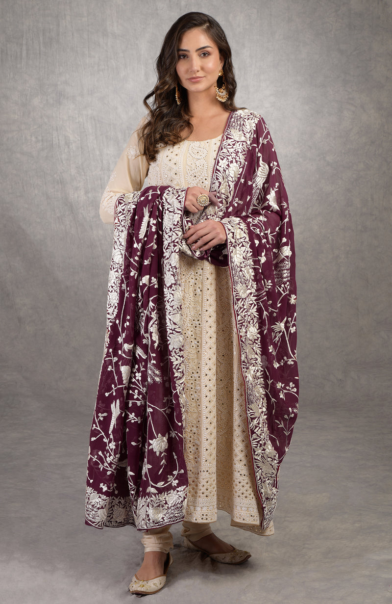 Wine Parsi Gara Hand Embroidered Dupatta With Chikankari Anarkali