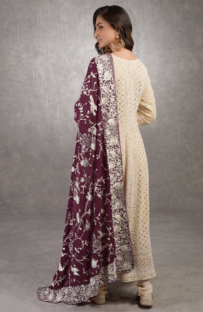Wine Parsi Gara Hand Embroidered Dupatta With Chikankari Anarkali