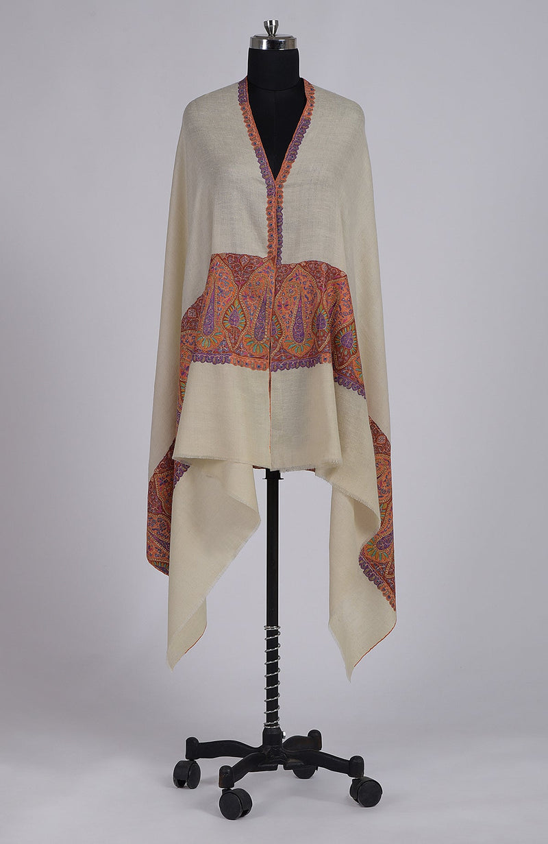 Cream Sozni Hand Embroidered Pure Pashmina Shawl