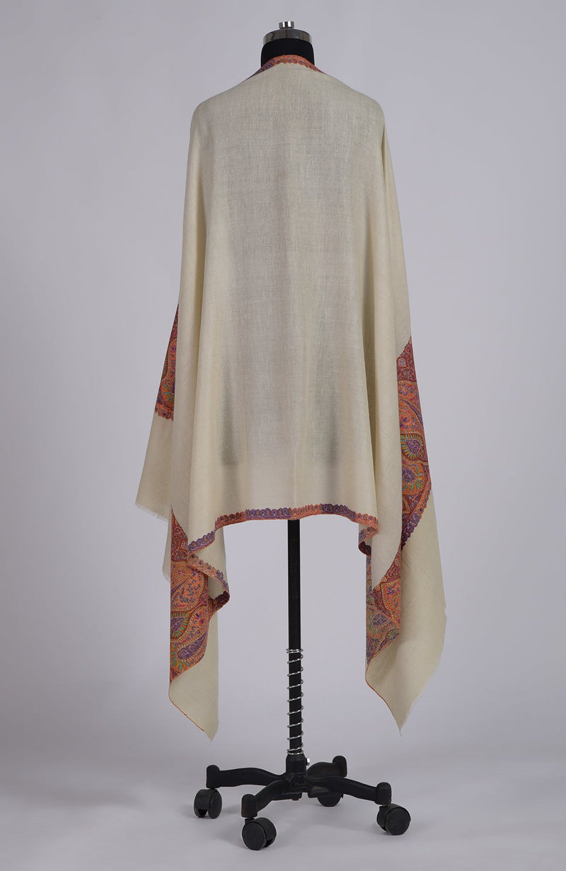 Cream Sozni Hand Embroidered Pure Pashmina Shawl