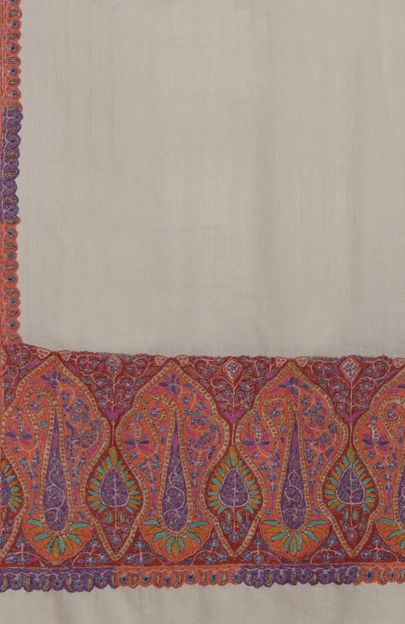 Cream Sozni Hand Embroidered Pure Pashmina Shawl