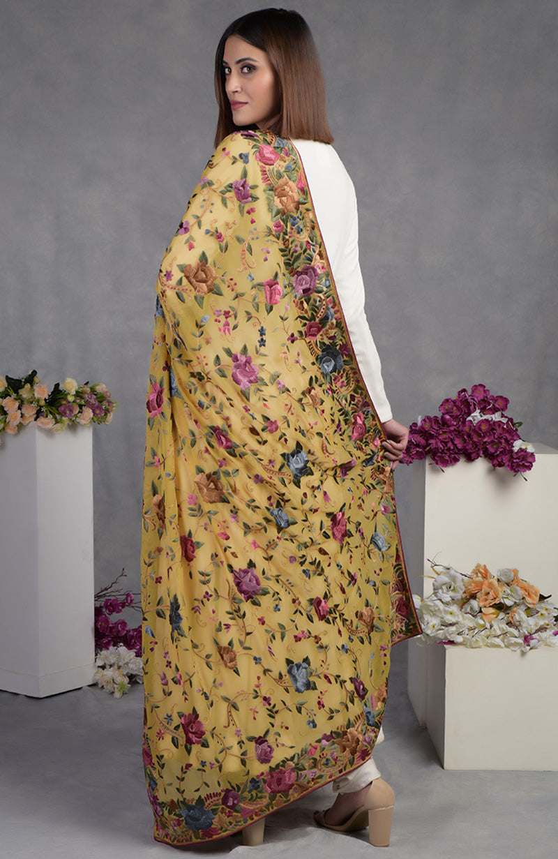 Masterpiece Calendula Floral Parsi Gara Hand Embroidered Dupatta
