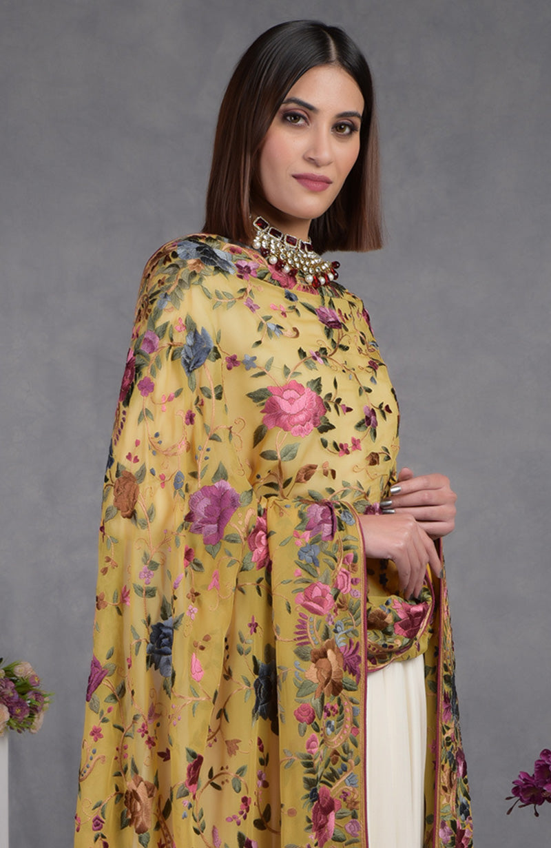 Masterpiece Calendula Floral Parsi Gara Hand Embroidered Dupatta