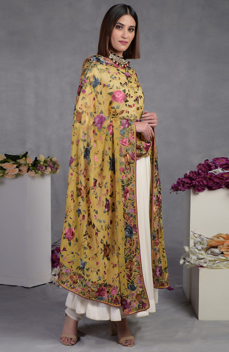 Masterpiece Calendula Floral Parsi Gara Hand Embroidered Dupatta