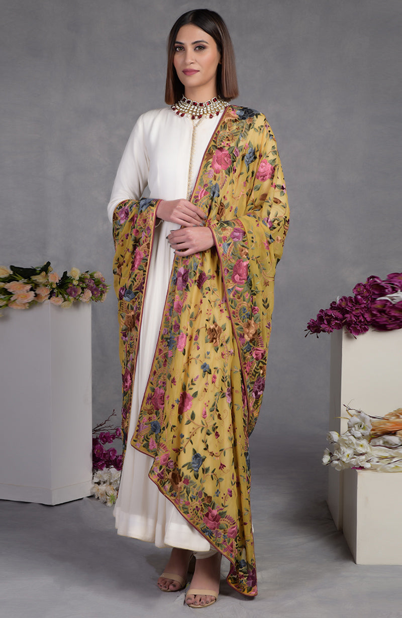 Masterpiece Calendula Floral Parsi Gara Hand Embroidered Dupatta