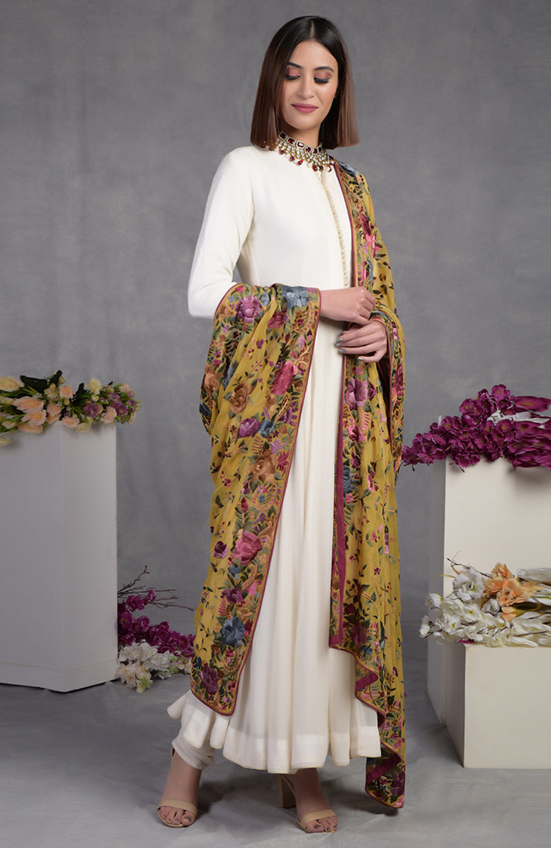 Masterpiece Calendula Floral Parsi Gara Hand Embroidered Dupatta