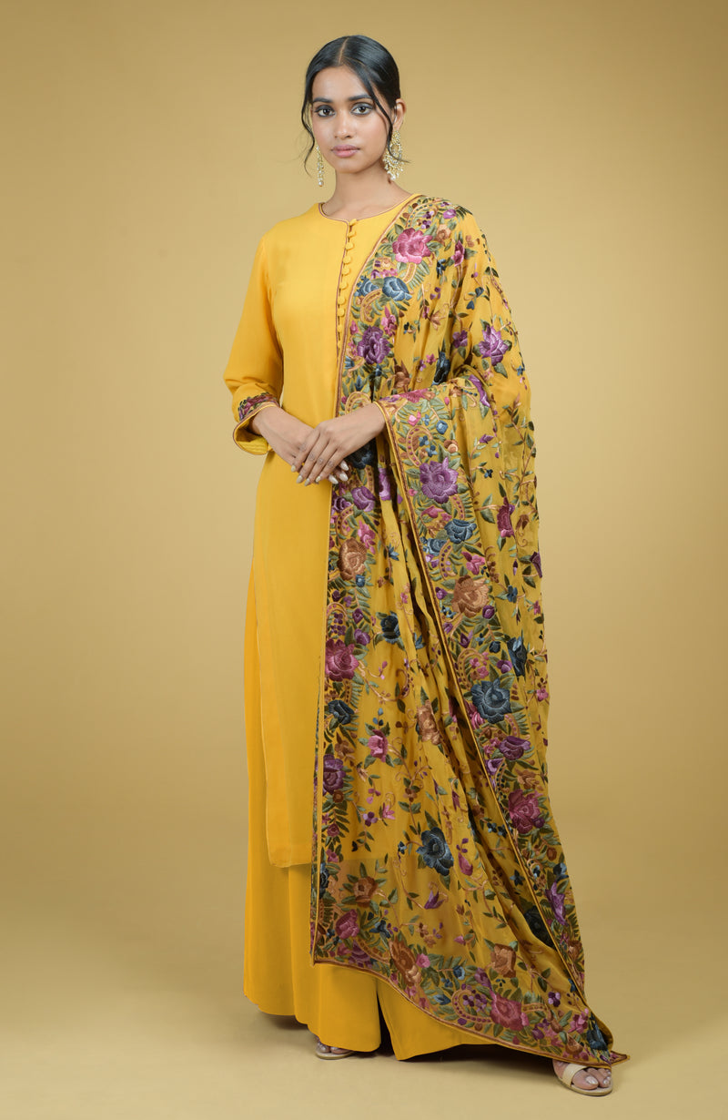 Masterpiece Calendula Floral Parsi Gara Hand Embroidered Dupatta With Suit