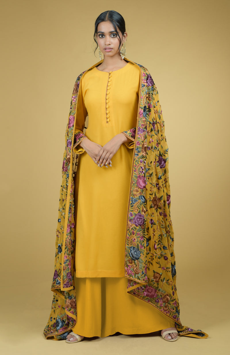 Masterpiece Calendula Floral Parsi Gara Hand Embroidered Dupatta With Suit