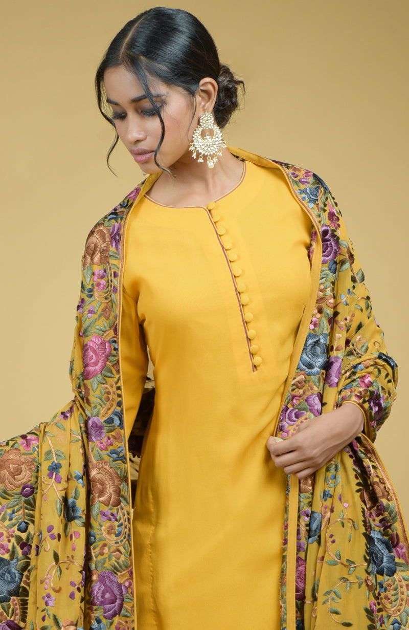 Masterpiece Calendula Floral Parsi Gara Hand Embroidered Dupatta With Suit