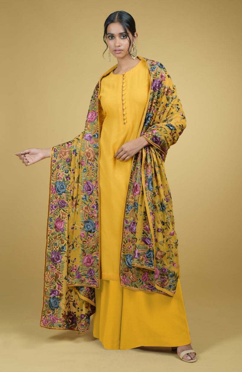 Masterpiece Calendula Floral Parsi Gara Hand Embroidered Dupatta With Suit