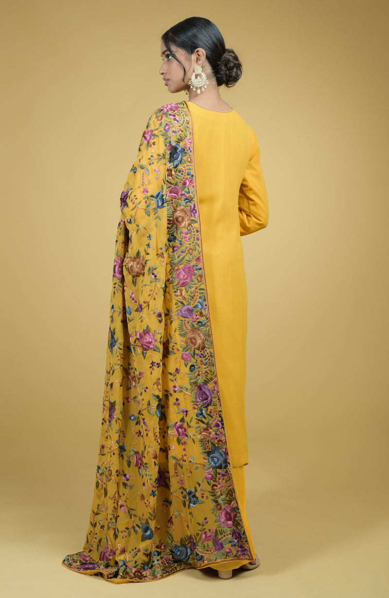Masterpiece Calendula Floral Parsi Gara Hand Embroidered Dupatta With Suit