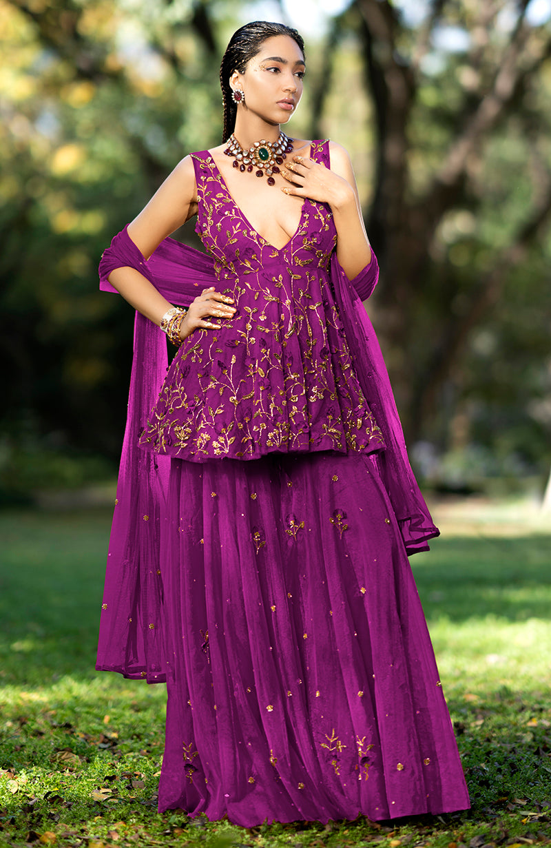 Berry 3 D Floral & Zardozi Hand Embroidered Sharara Set