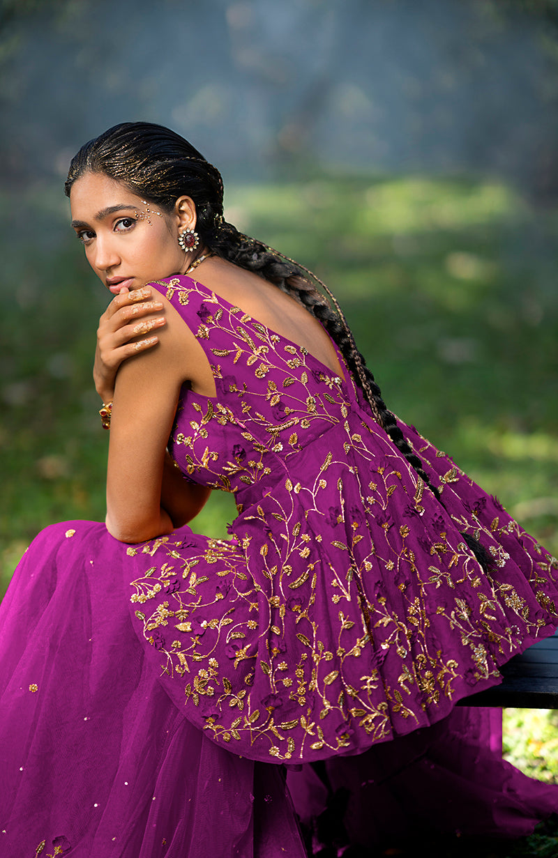 Berry 3 D Floral & Zardozi Hand Embroidered Sharara Set