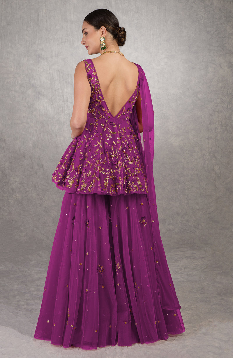 Berry 3 D Floral & Zardozi Hand Embroidered Sharara Set