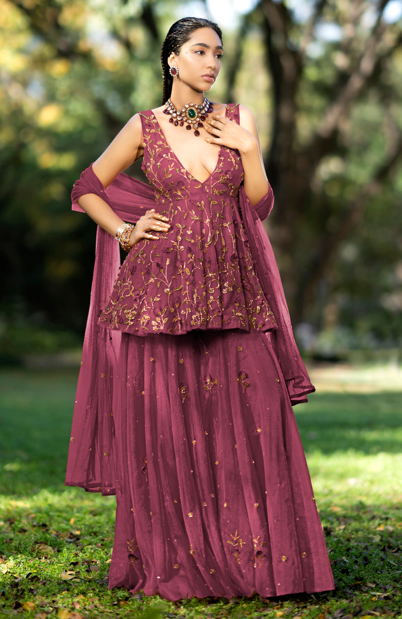 Berry 3 D Floral & Zardozi Hand Embroidered Sharara Set