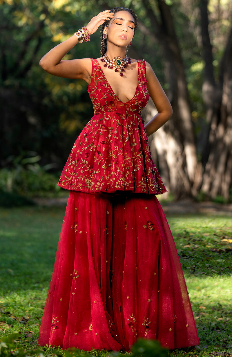 Berry 3 D Floral & Zardozi Hand Embroidered Sharara Set