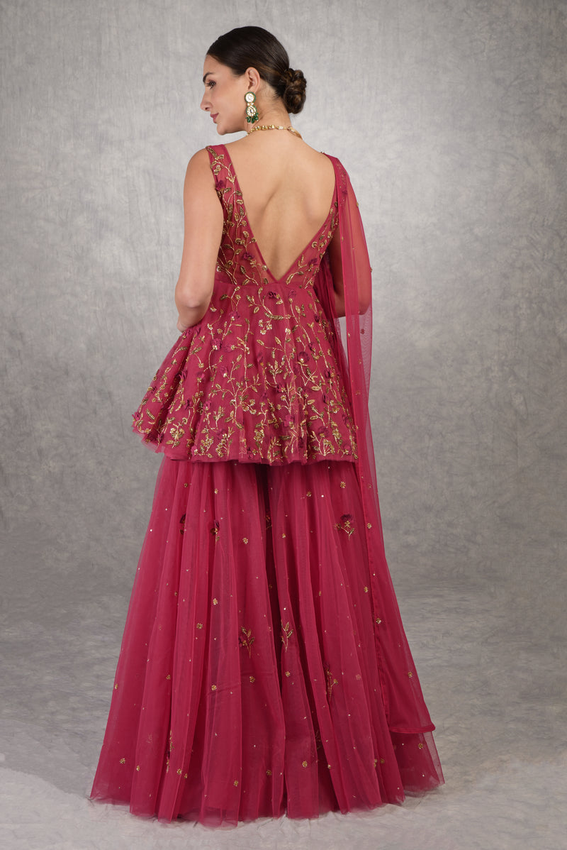To be in love Red 3 D Floral & Zardozi Hand Embroidered Sharara Set