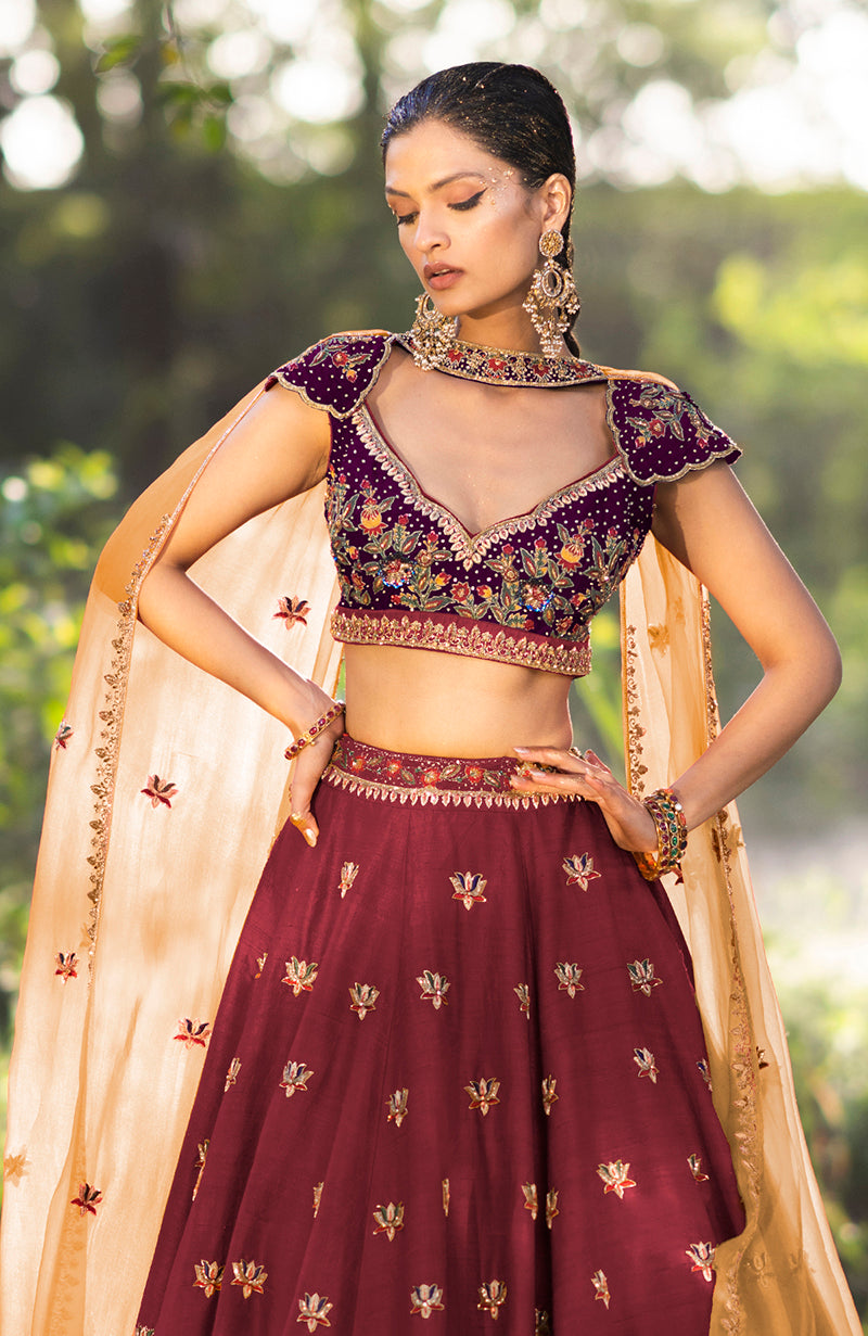 Brick Red-Aubergine Zardozi Lehenga Set