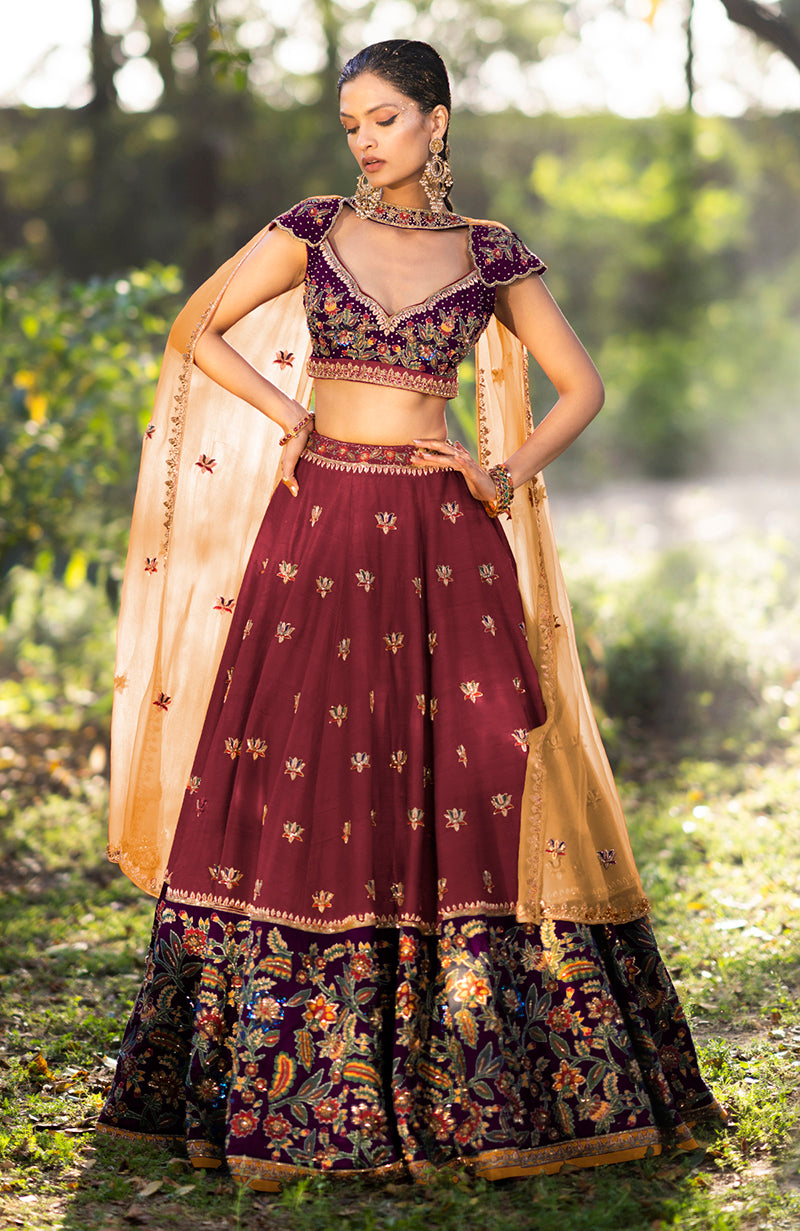 Brick Red-Aubergine Zardozi Lehenga Set
