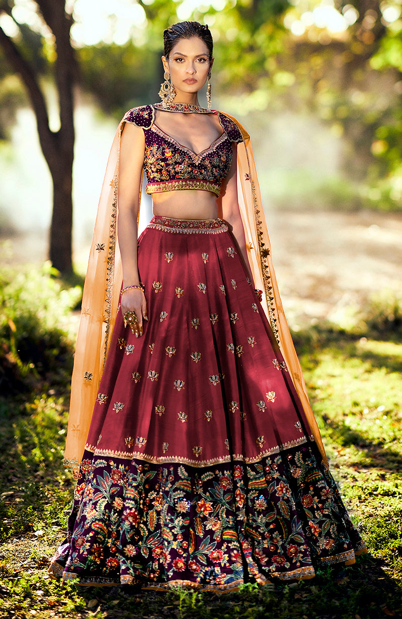 How do I love thee Brick Red-Aubergine Zardozi Lehenga Set