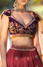 How do I love thee Brick Red-Aubergine Zardozi Lehenga Set