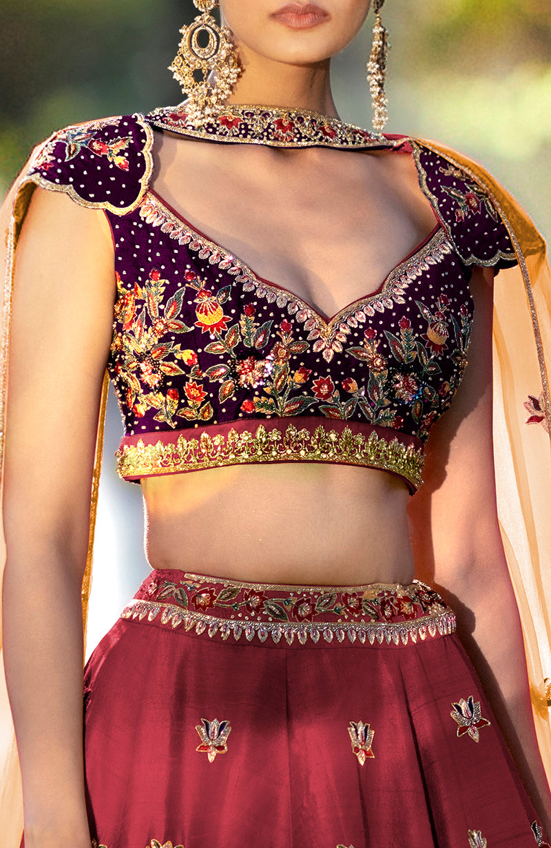 How do I love thee Brick Red-Aubergine Zardozi Lehenga Set