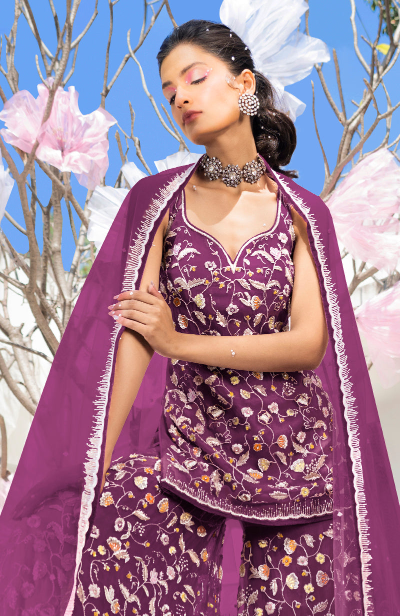 Violet Floral Hand Embroidered Sharara Set
