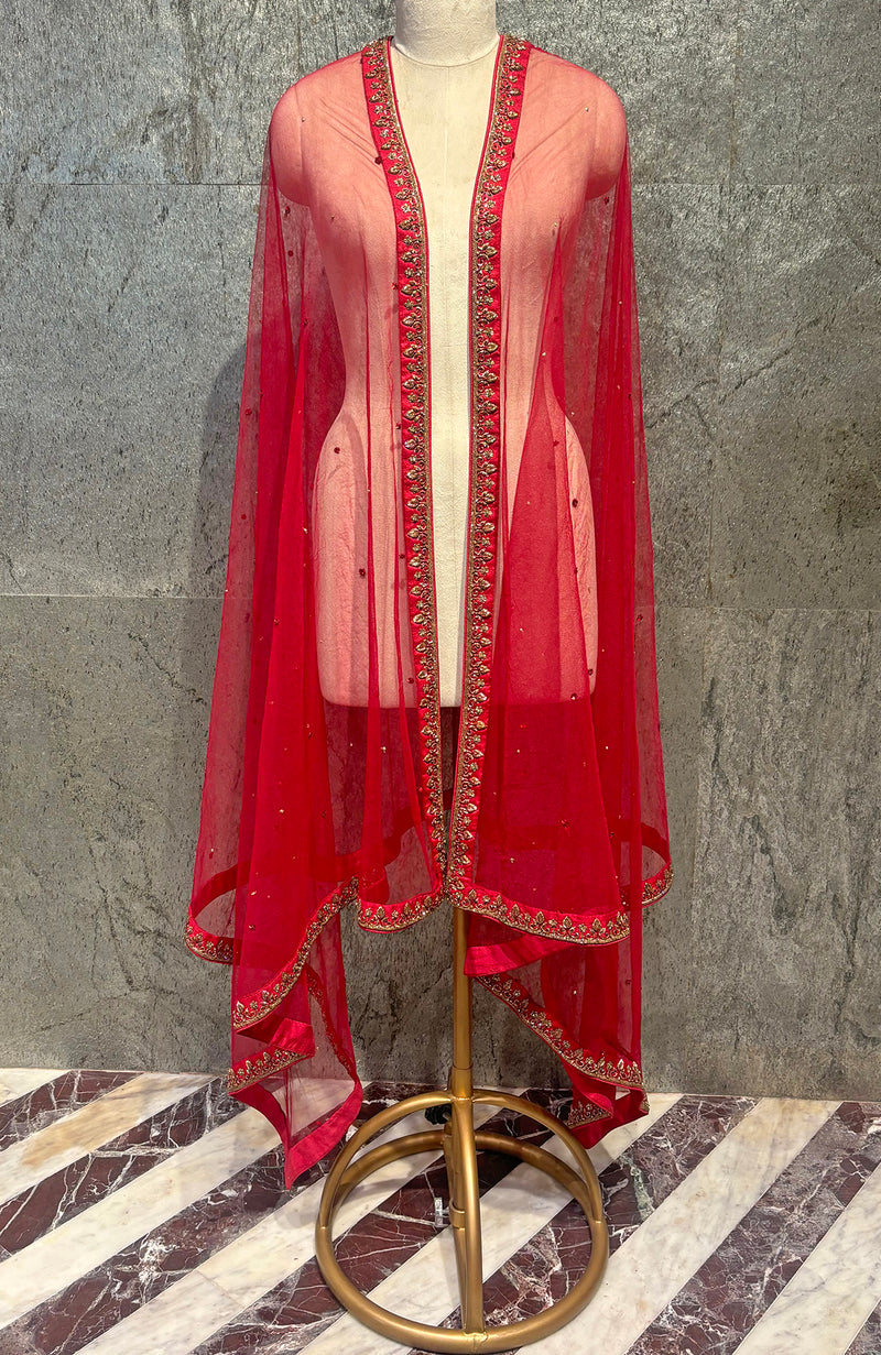 Red Beads & Sequin Hand Embroidered Dupatta