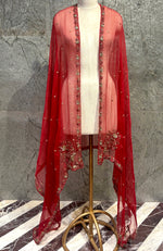 Scarlet Red Beads & Crystal Hand Embroidered Dupatta