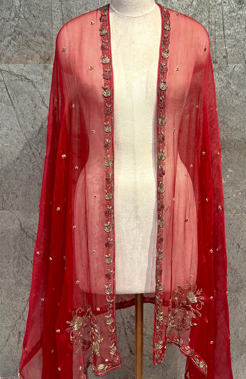Scarlet Red Beads & Crystal Hand Embroidered Dupatta