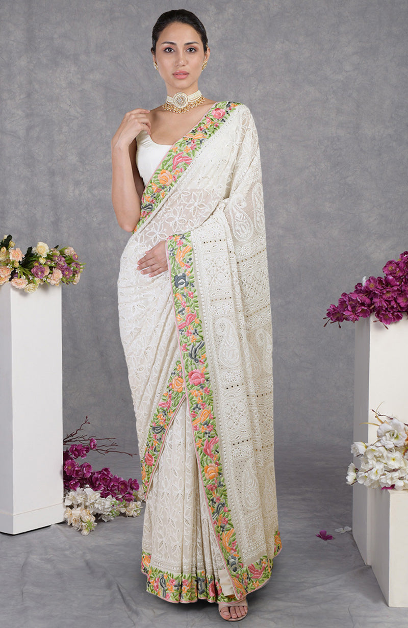 Heirloom Chikankari-Parsi Gara Hand Embroidered Saree