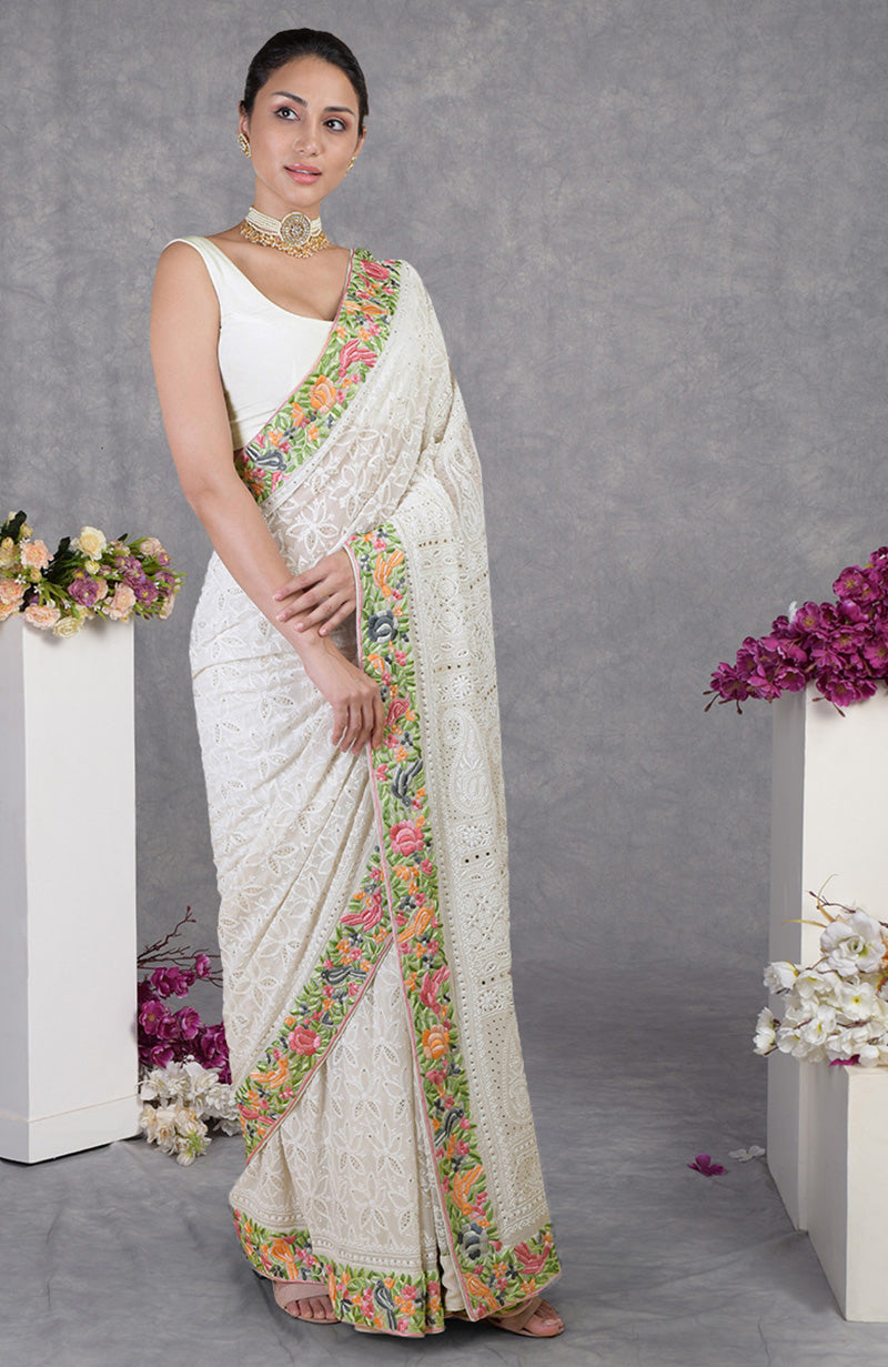 Heirloom Chikankari-Parsi Gara Hand Embroidered Saree