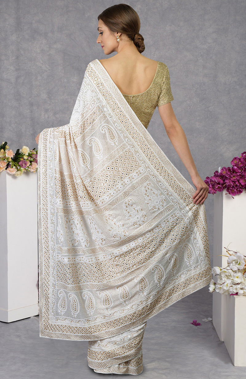 Heirloom Chikankari Gold Cut Dana Saree