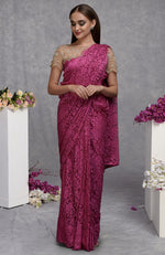 Deep Pink French Chantilly Lace Saree With Hand Embroidered Blouse