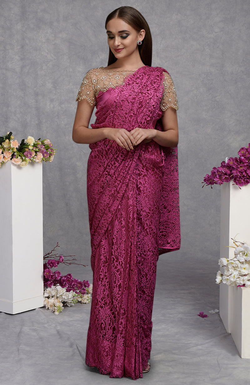 Deep Pink French Chantilly Lace Saree With Hand Embroidered Blouse