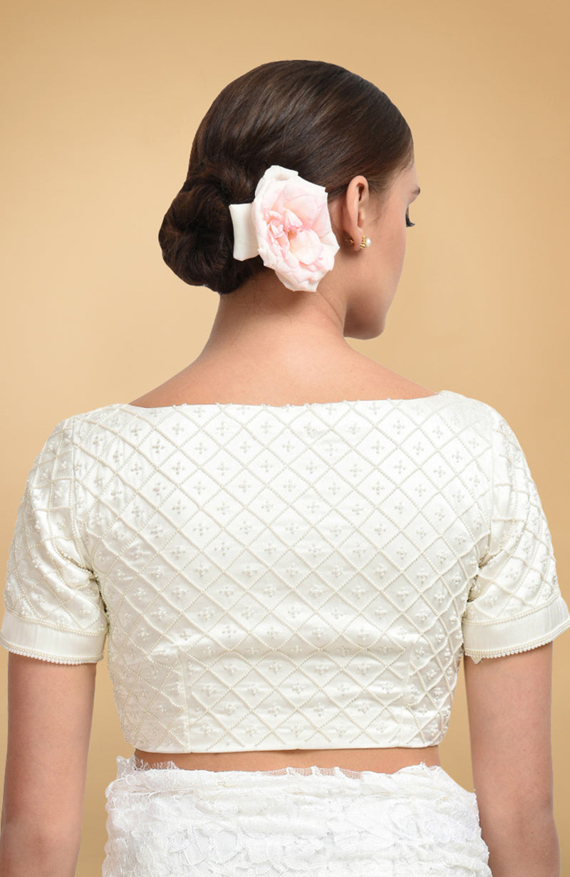 Ivory French Chantilly Lace Saree WIth Pearl Beaded Hand Embroidered Blouse