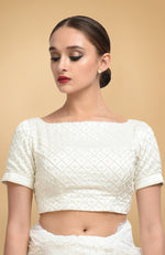 Ivory French Chantilly Lace Saree WIth Pearl Beaded Hand Embroidered Blouse