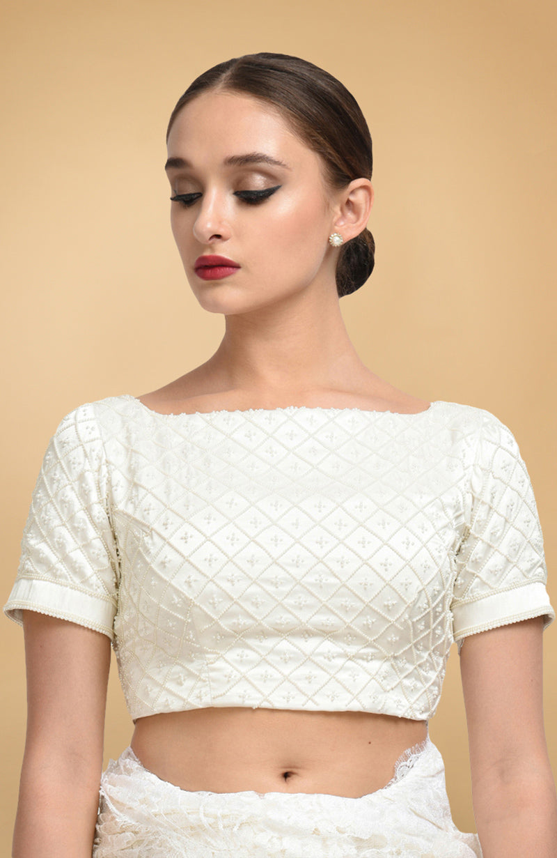 Ivory French Chantilly Lace Saree WIth Pearl Beaded Hand Embroidered Blouse