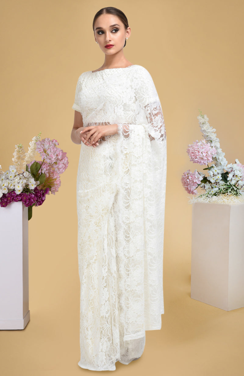 Ivory French Chantilly Lace Saree WIth Pearl Beaded Hand Embroidered Blouse