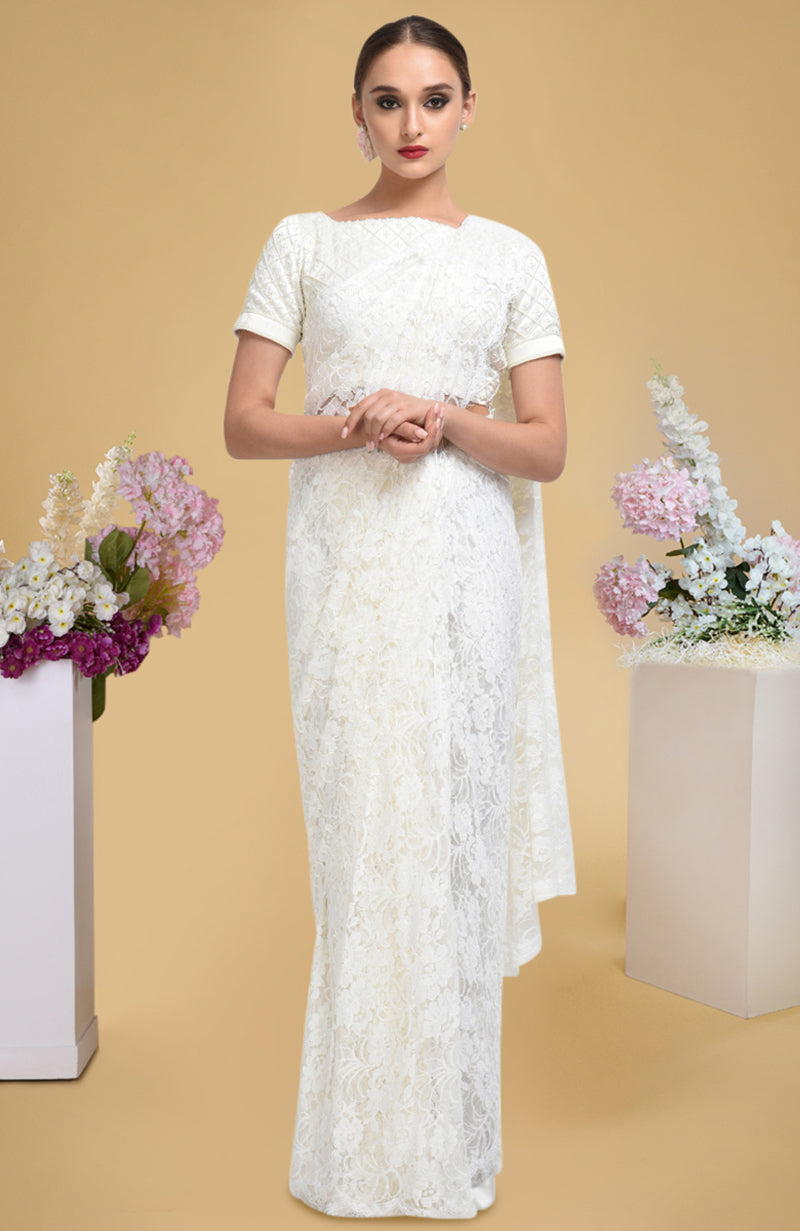Ivory French Chantilly Lace Saree WIth Pearl Beaded Hand Embroidered Blouse