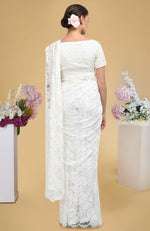 Ivory French Chantilly Lace Saree WIth Pearl Beaded Hand Embroidered Blouse