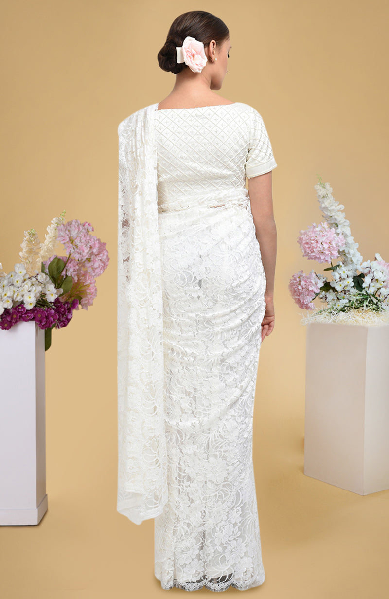 Ivory French Chantilly Lace Saree WIth Pearl Beaded Hand Embroidered Blouse