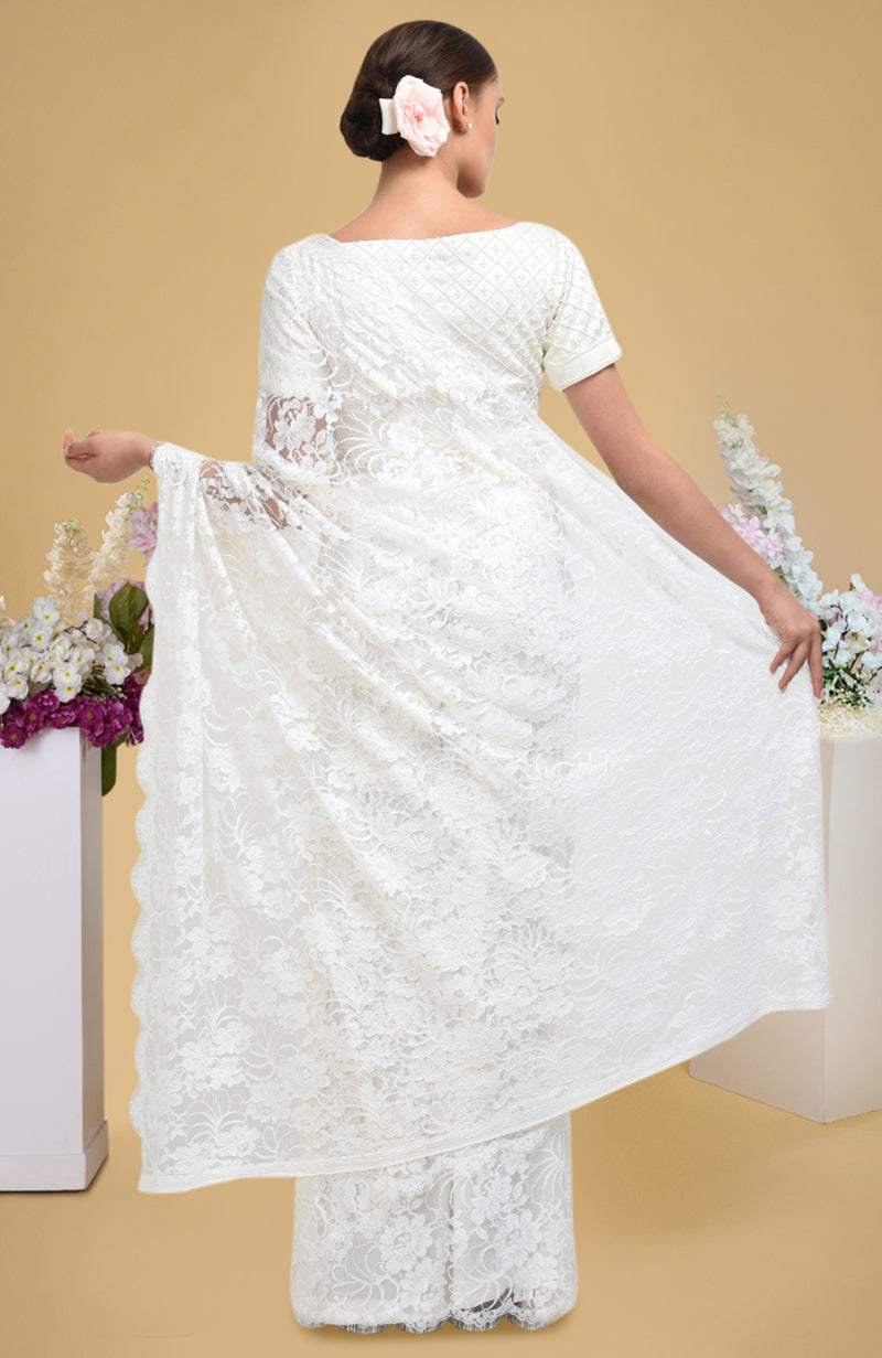 Ivory French Chantilly Lace Saree WIth Pearl Beaded Hand Embroidered Blouse