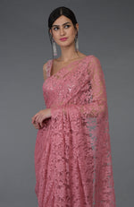 Pressed Rose French Chantilly Lace Saree With Hand Embroidered Blouse