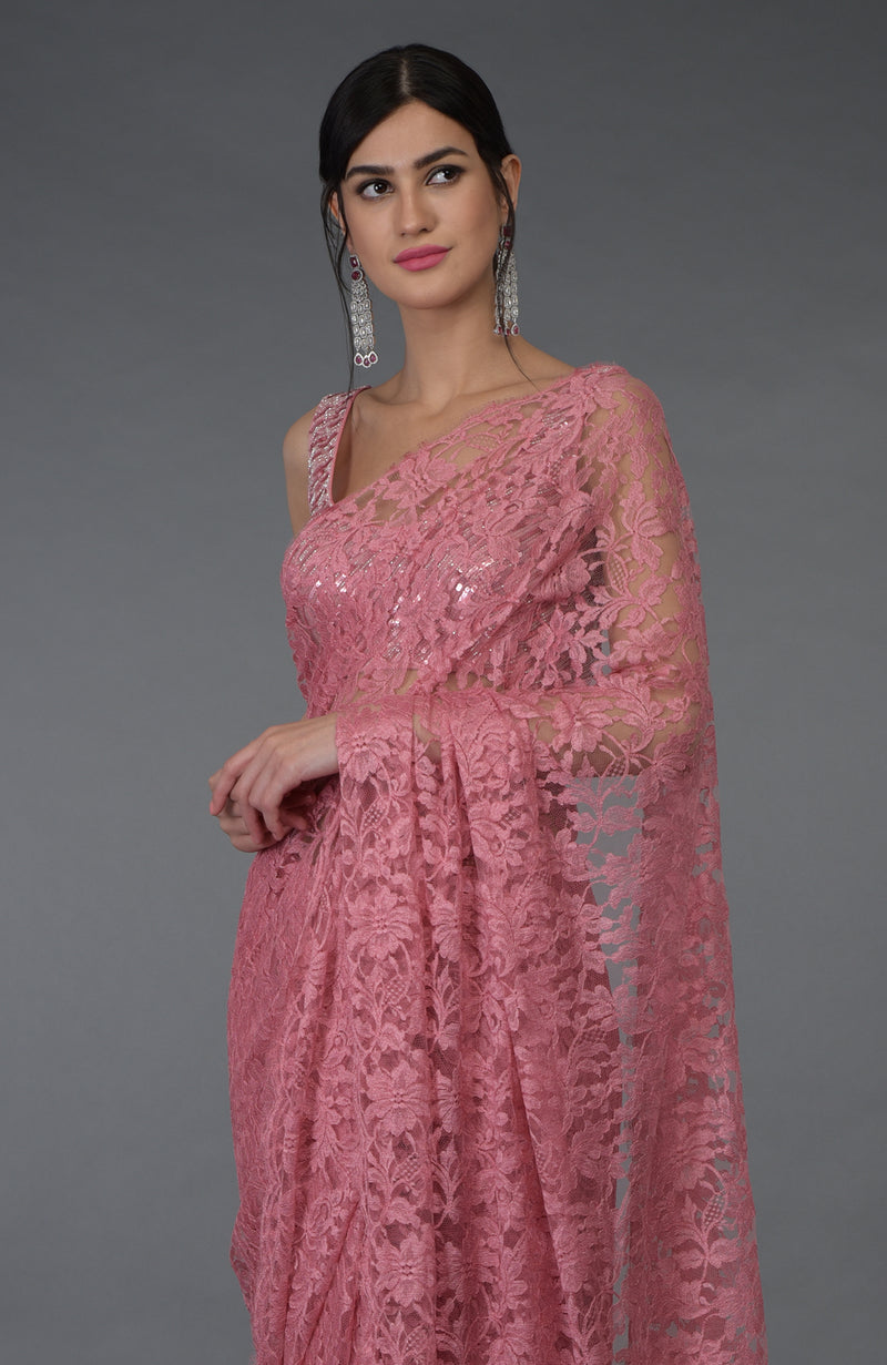 Pressed Rose French Chantilly Lace Saree With Hand Embroidered Blouse