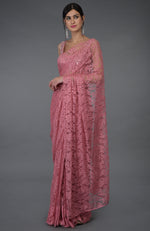 Pressed Rose French Chantilly Lace Saree With Hand Embroidered Blouse